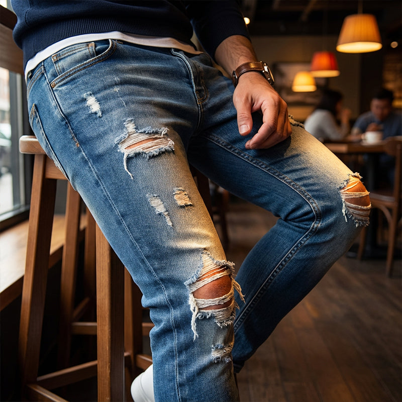 👖50 % RABATT! 🔥 Stylische Skinny Jeans im Used-Look für Herren – Schmale, zulaufende Passform, atmungsaktive Baumwolle & lässige Risse