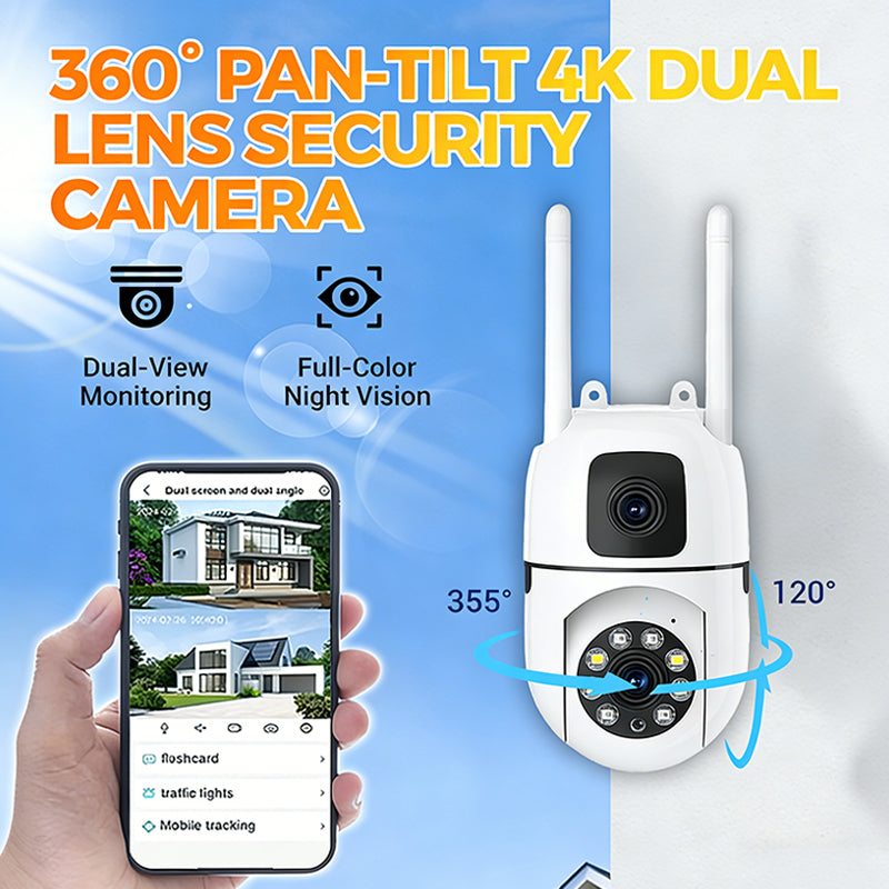🔍🔍360°-Schwenk- und Neigekamera mit zwei Objektiven und 4K-Auflösung – WLAN-Überwachungskamera für den Außenbereich