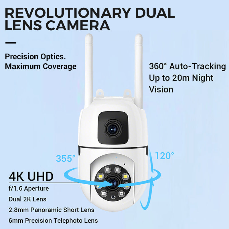 🔍🔍360°-Schwenk- und Neigekamera mit zwei Objektiven und 4K-Auflösung – WLAN-Überwachungskamera für den Außenbereich