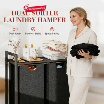 🧺👕 Dual-Sorter-Design Wäschesortierer mit abnehmbaren Wäschesäcken 🧼💧 – Stabiler Metallrahmen, inkl. praktischem Oberregal für Waschmittel & platzsparendem Aufbau für Ihre Waschecke