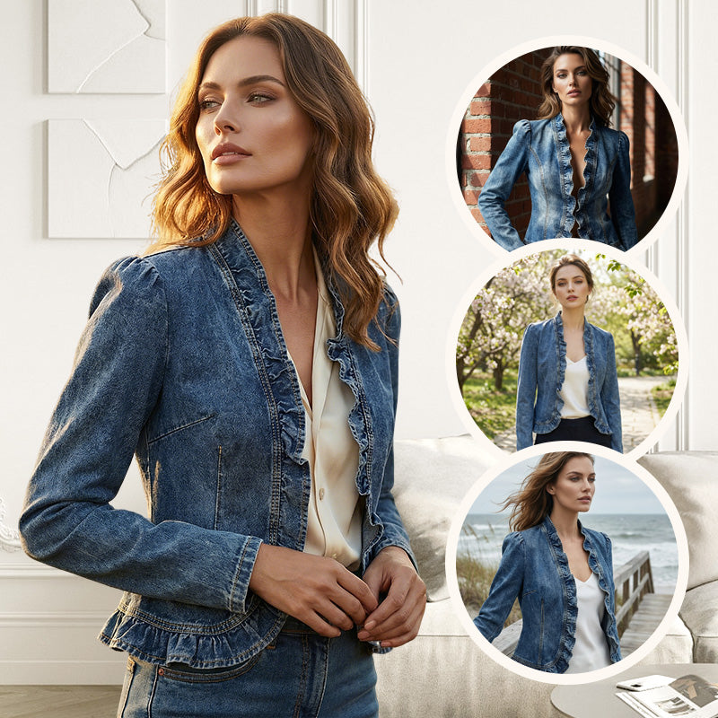 💞ÜBER 50.000 VERKAUFT!👵☀️ 50 % RABATT! Offene Jeansjacke – ohne Knöpfe, leicht an- und auszuziehen. Figurschmeichelnder Rüschenbesatz, atmungsaktives Material. Klassische blaue Waschung. Ein vielseitiges Basic für jede Garderobe. 🌿