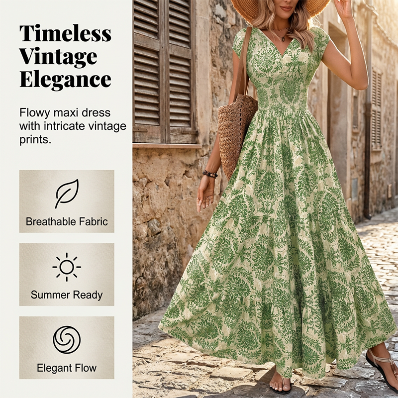 👗✨ 50% RABATT! Damen Maxikleid mit V-Ausschnitt, Blumenmuster & geraffter Taille – Luftig, elegant & perfekt für Sommer, Hochzeit & Party 🔥