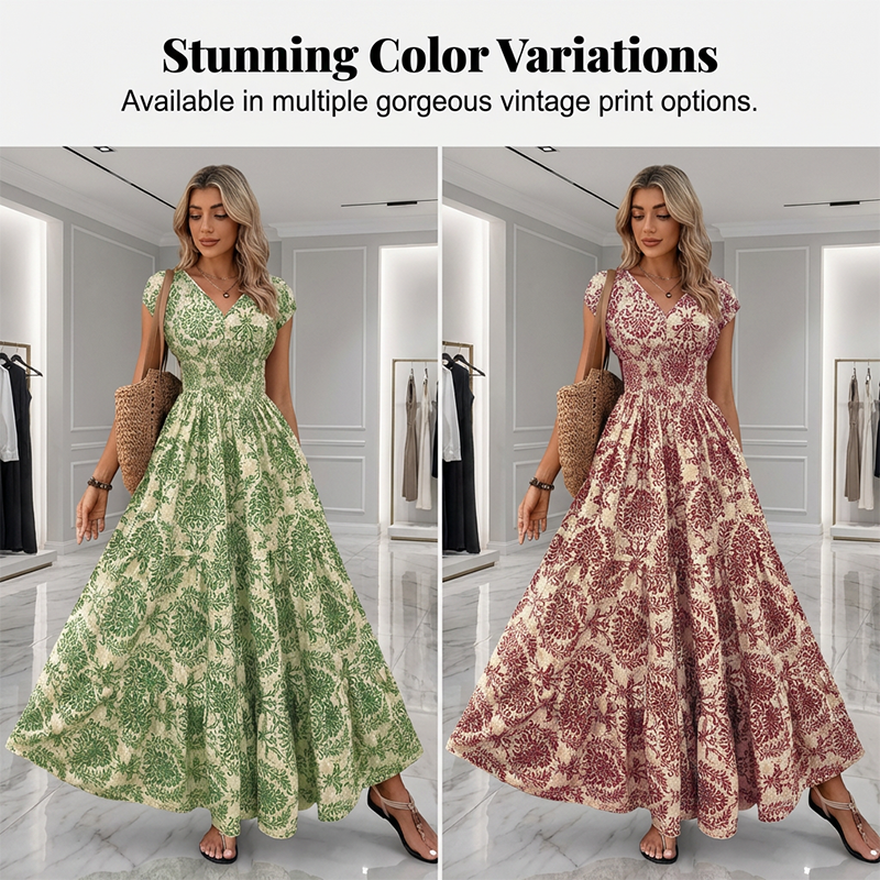 👗✨ 50% RABATT! Damen Maxikleid mit V-Ausschnitt, Blumenmuster & geraffter Taille – Luftig, elegant & perfekt für Sommer, Hochzeit & Party 🔥