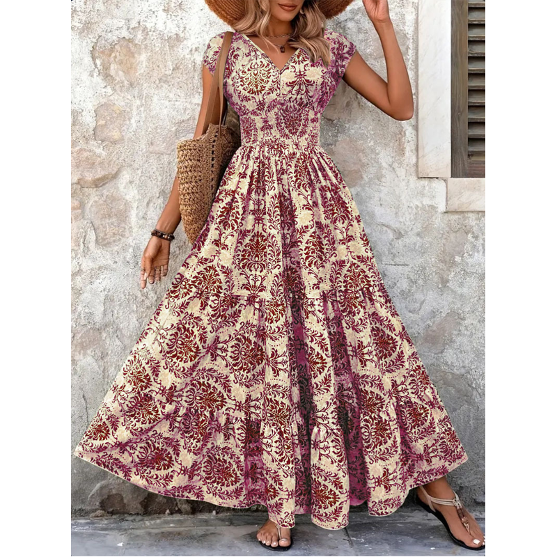 👗✨ 50% RABATT! Damen Maxikleid mit V-Ausschnitt, Blumenmuster & geraffter Taille – Luftig, elegant & perfekt für Sommer, Hochzeit & Party 🔥