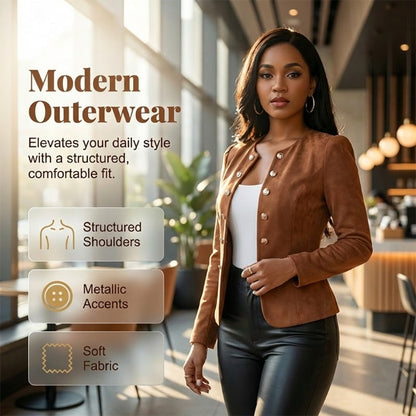 🌞Frühlingserwachen: 50% Rabatt!✨Damen Kragenlose Kunstwildleder-Jacke – Kurze Silhouette, Samtige Textur