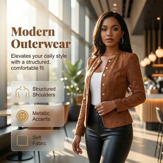 🌞Frühlingserwachen: 50% Rabatt!✨Damen Kragenlose Kunstwildleder-Jacke – Kurze Silhouette, Samtige Textur