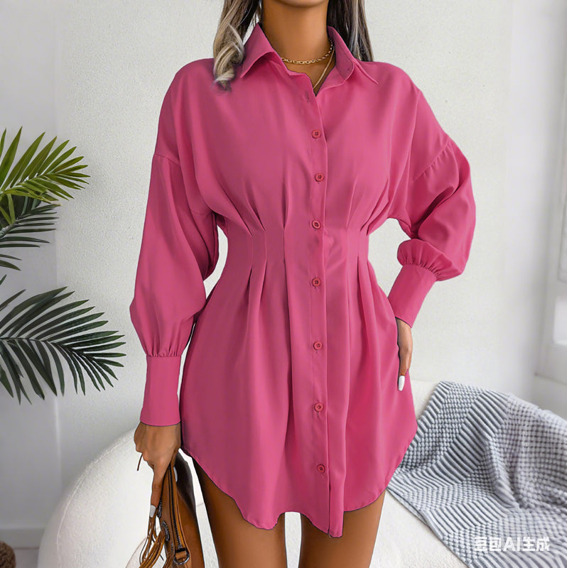 👔🌷 Frühlingsausverkauf: 50% Rabatt! Hemdblusenkleid mit Taillenraffung und langen Ärmeln – Elegant, figurbetont & perfekt für Frühling & Büro 💼