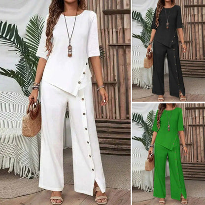 🌞✨ FRÜHLINGSERWACHEN: 50% RABATT! Boho Zweiteiler für Damen: Fließendes Hosen-Set mit asymmetrischem Saum & weitem Bein – Leicht, luftig & perfekt für warme Tage 🍃