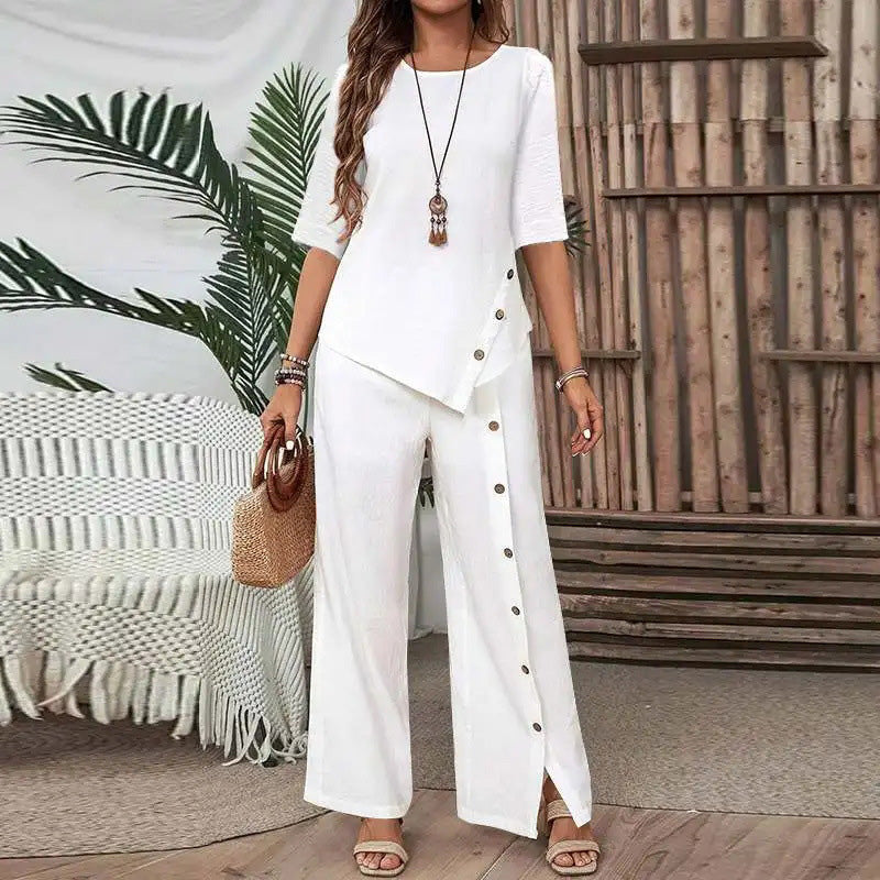 🌞✨ FRÜHLINGSERWACHEN: 50% RABATT! Boho Zweiteiler für Damen: Fließendes Hosen-Set mit asymmetrischem Saum & weitem Bein – Leicht, luftig & perfekt für warme Tage 🍃