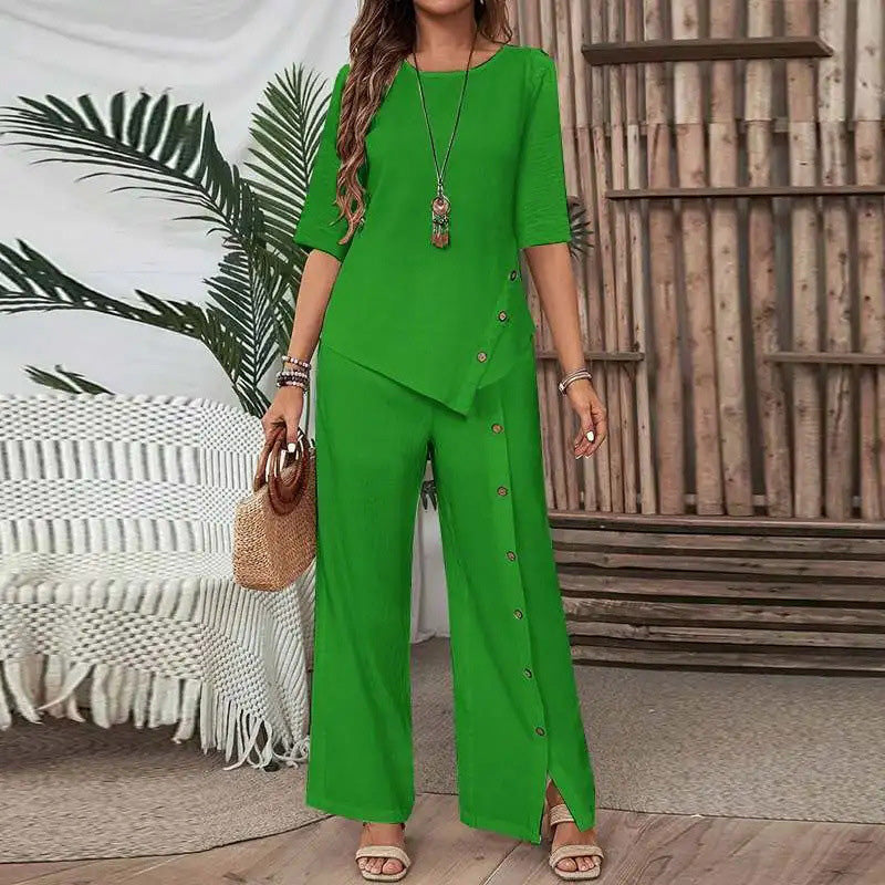 🌞✨ FRÜHLINGSERWACHEN: 50% RABATT! Boho Zweiteiler für Damen: Fließendes Hosen-Set mit asymmetrischem Saum & weitem Bein – Leicht, luftig & perfekt für warme Tage 🍃