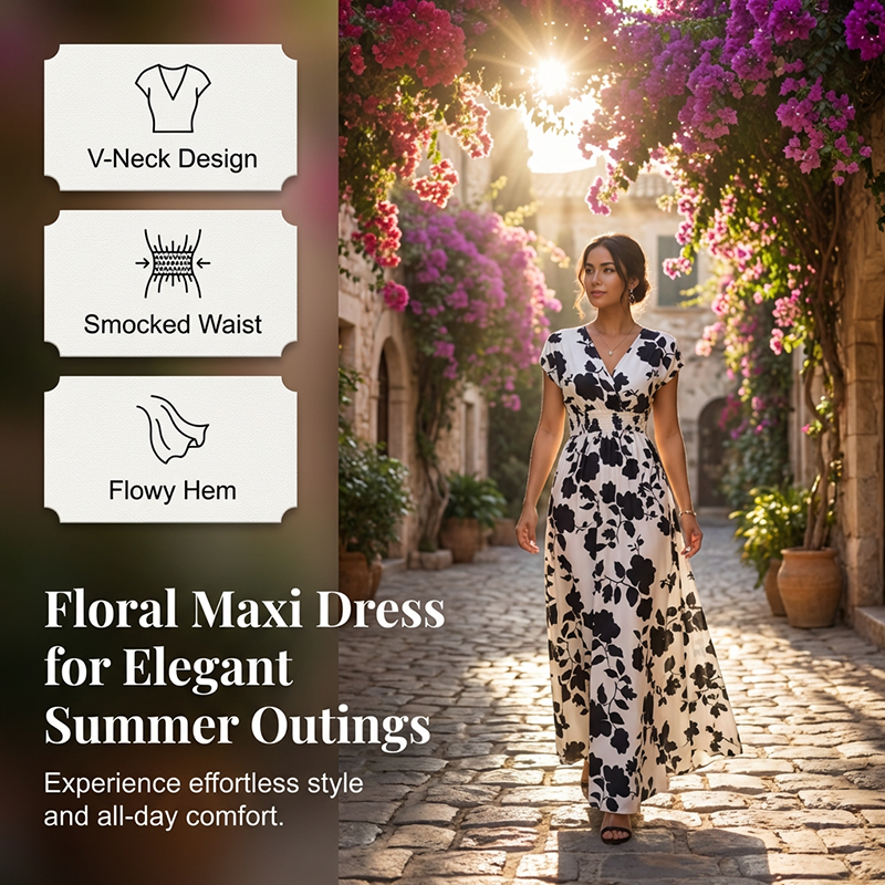 👗🌸 50% RABATT! Maxikleid mit Blumenmuster, V-Ausschnitt und geraffter Taille – Feminin, leicht & perfekt für Sommer, Strand & Urlaub ✨
