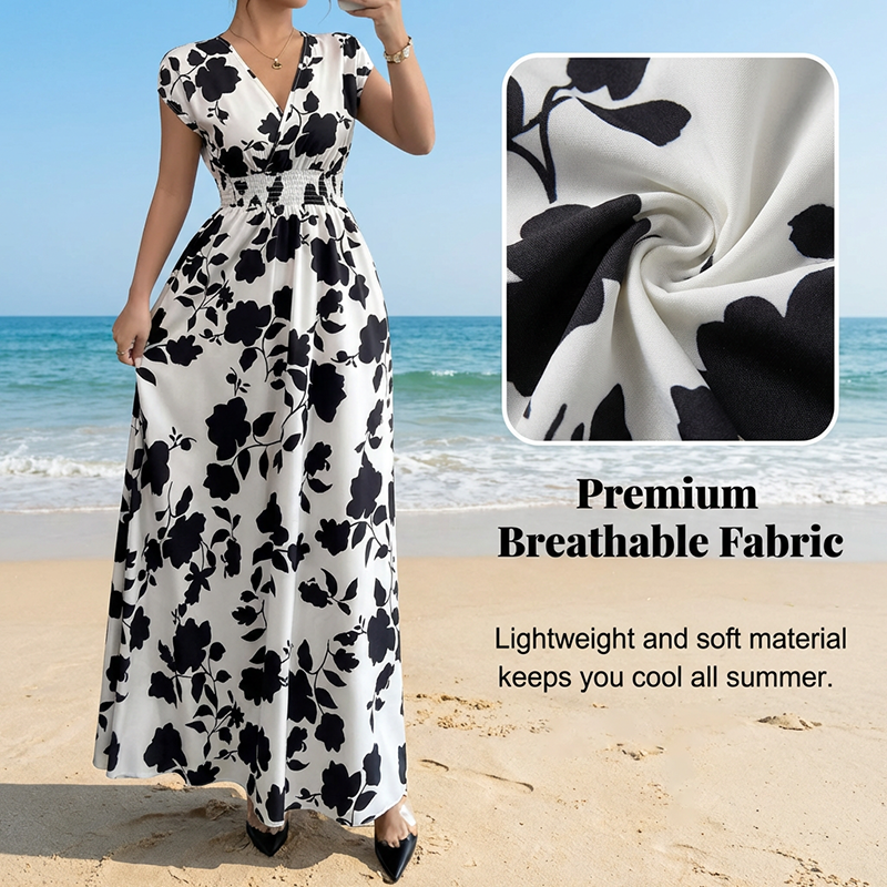 👗🌸 50% RABATT! Maxikleid mit Blumenmuster, V-Ausschnitt und geraffter Taille – Feminin, leicht & perfekt für Sommer, Strand & Urlaub ✨