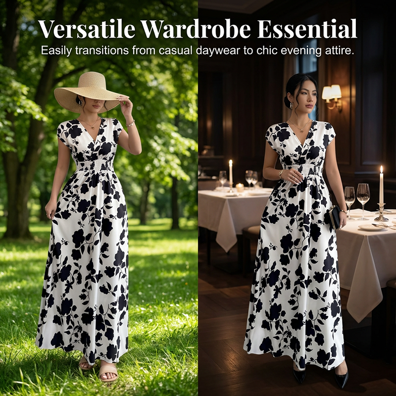 👗🌸 50% RABATT! Maxikleid mit Blumenmuster, V-Ausschnitt und geraffter Taille – Feminin, leicht & perfekt für Sommer, Strand & Urlaub ✨