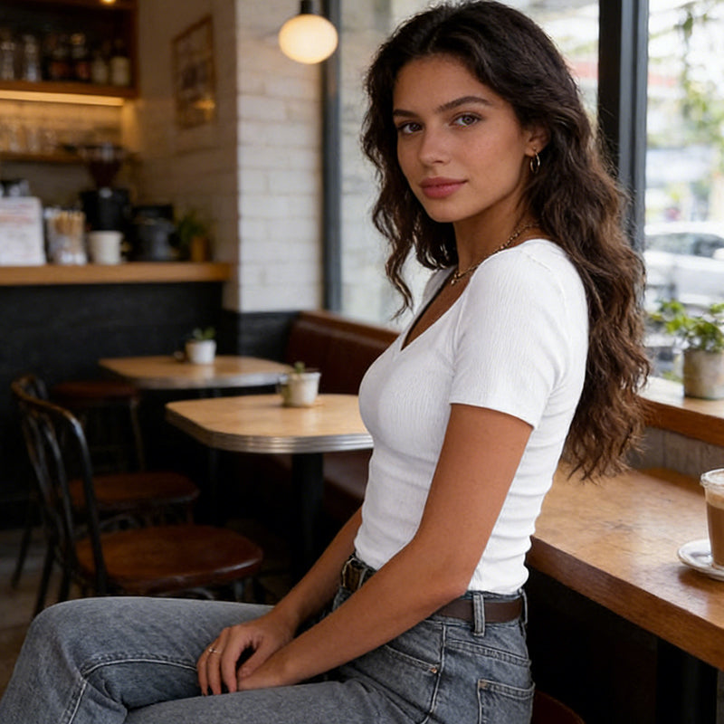 👕✨ 50% RABATT! Schmal geschnittenes Basic-T-Shirt mit V-Ausschnitt für Damen – Lässig elegant, vielseitig & perfekt für den Alltag 💫