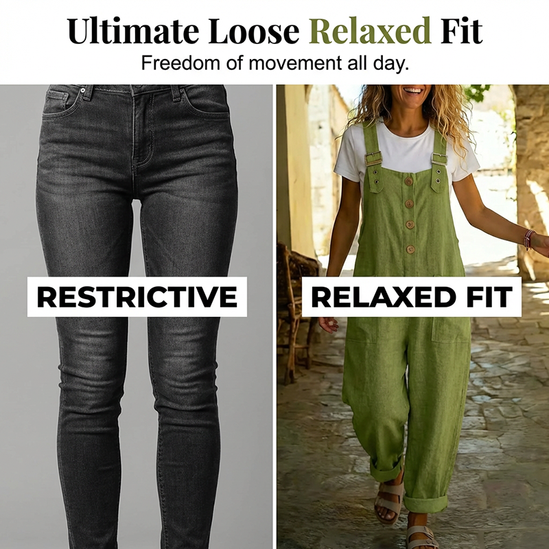 👖JETZT 70 % RABATT! 🌿 Lässige Damen-Latzhose mit Knopfleiste – Verstellbare Träger, atmungsaktives Material & bequeme Passform ✨