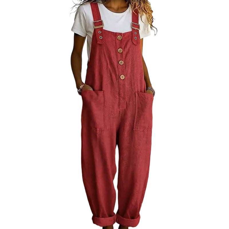 👖JETZT 70 % RABATT! 🌿 Lässige Damen-Latzhose mit Knopfleiste – Verstellbare Träger, atmungsaktives Material & bequeme Passform ✨