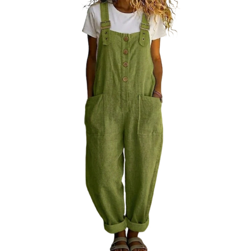 👖JETZT 70 % RABATT! 🌿 Lässige Damen-Latzhose mit Knopfleiste – Verstellbare Träger, atmungsaktives Material & bequeme Passform ✨