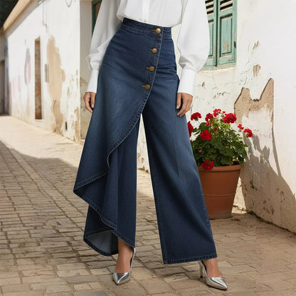 جينز ملفوف غير متماثل 👖 مزيج من السراويل الواسعة (Culottes) والسروال التقليدي، بخصر عالٍ لإبراز الأرجل بشكل أطول، فضفاض ومُتدفق، مع أزرار مُرتبة قطريًا – لتتحولي إلى أيقونة للموضة في لمح البصر! ✨