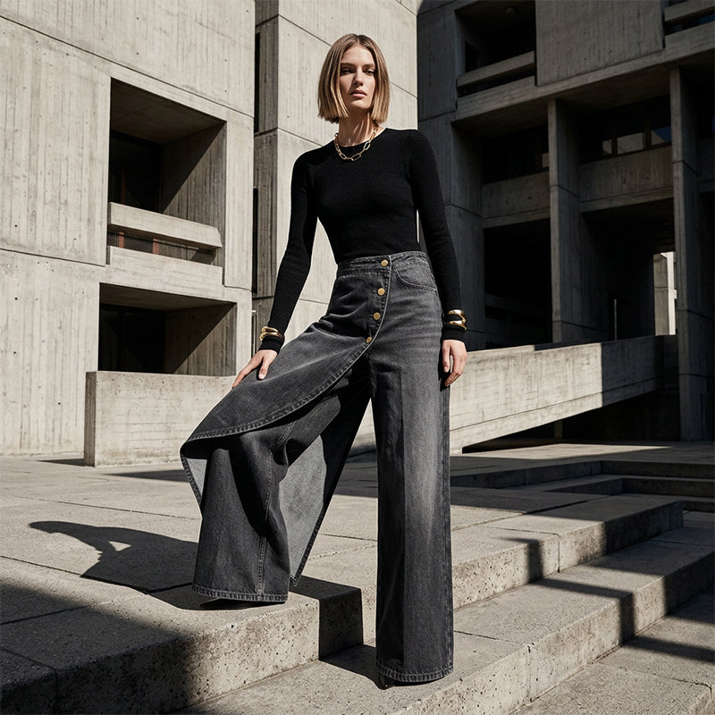 جينز ملفوف غير متماثل 👖 مزيج من السراويل الواسعة (Culottes) والسروال التقليدي، بخصر عالٍ لإبراز الأرجل بشكل أطول، فضفاض ومُتدفق، مع أزرار مُرتبة قطريًا – لتتحولي إلى أيقونة للموضة في لمح البصر! ✨