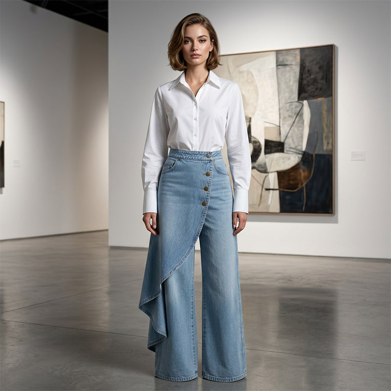 جينز ملفوف غير متماثل 👖 مزيج من السراويل الواسعة (Culottes) والسروال التقليدي، بخصر عالٍ لإبراز الأرجل بشكل أطول، فضفاض ومُتدفق، مع أزرار مُرتبة قطريًا – لتتحولي إلى أيقونة للموضة في لمح البصر! ✨
