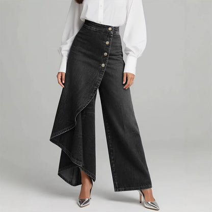 Asymmetrische Wickeljeans 👖 Eine Kombination aus Culottes und Hose, hochgeschnitten für optisch längere Beine, weit geschnitten und fließend, mit diagonal angeordneten Knöpfen – im Handumdrehen zur Fashionista! ✨
