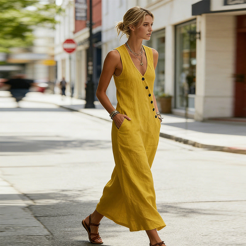 🔥 Ärmelloses Maxikleid für Damen mit V-Ausschnitt und Taschen