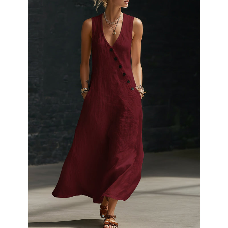 🔥 Ärmelloses Maxikleid für Damen mit V-Ausschnitt und Taschen
