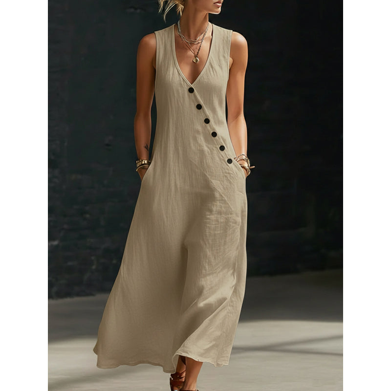 🔥 Ärmelloses Maxikleid für Damen mit V-Ausschnitt und Taschen