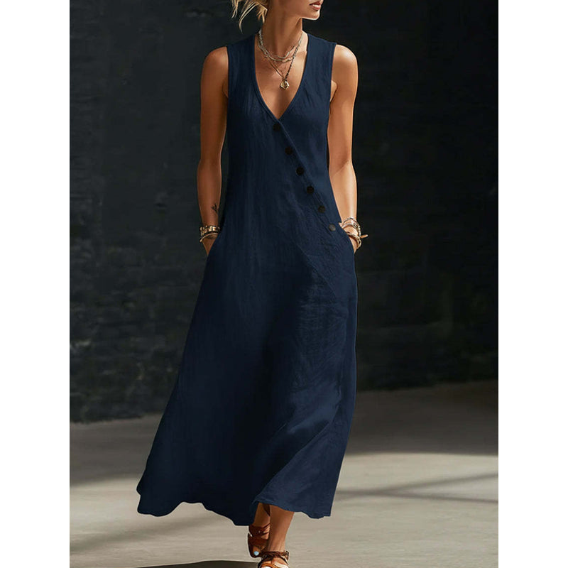 🔥 Ärmelloses Maxikleid für Damen mit V-Ausschnitt und Taschen