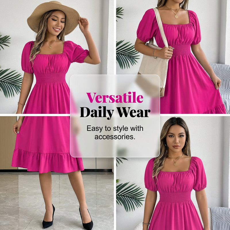 🌞Frühlingserwachen: 50% Rabatt!🎉Sommer-Traum: Romantisches Midikleid mit geraffter Taille & Puffärmeln