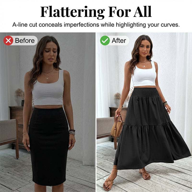 👗✨ Maxirock für Damen mit hoher Taille, Smok-Detail und A-Linien-Schnitt – 50% RABATT! Figurumarmend, lässig & perfekt für Alltag und festliche Anlässe 🌹