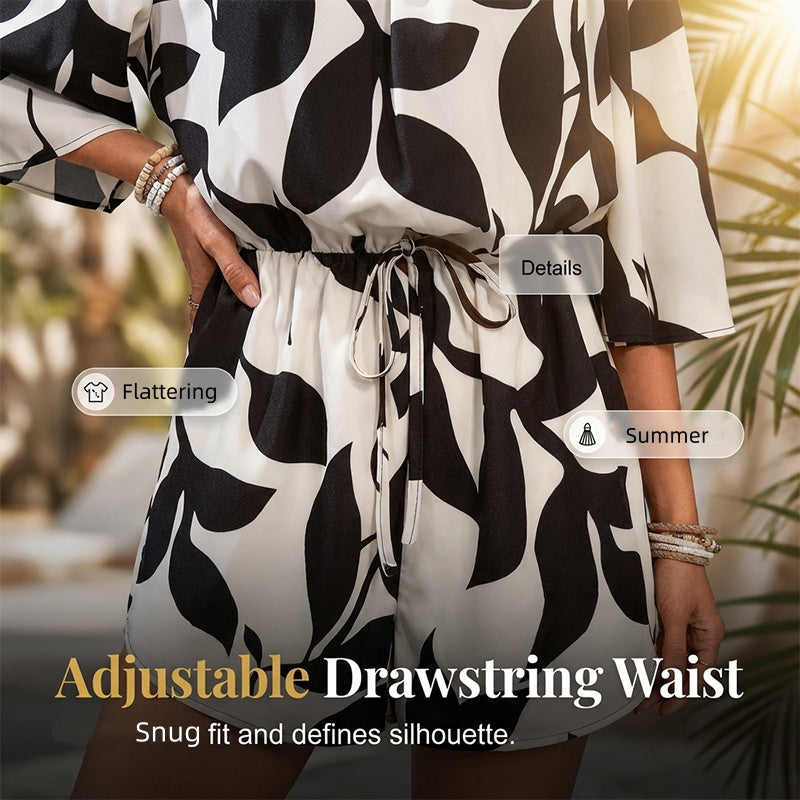 💃 Wochenangebot: 50% sparen! Französischer Off-Shoulder Shorts Jumpsuit – Abstraktes Blattmuster & Kordelzug – Perfekt für entspannte Sommertage