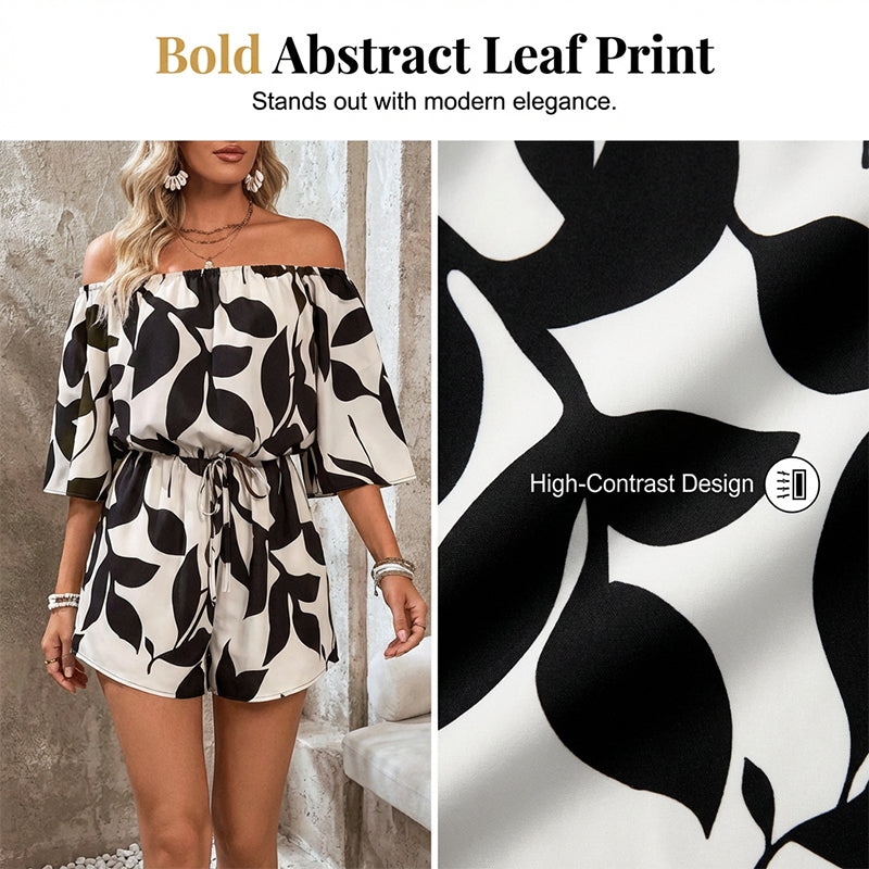 💃 Wochenangebot: 50% sparen! Französischer Off-Shoulder Shorts Jumpsuit – Abstraktes Blattmuster & Kordelzug – Perfekt für entspannte Sommertage