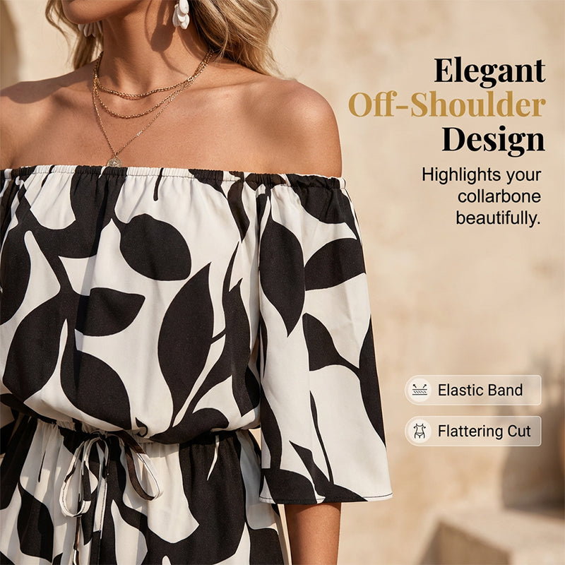 💃 Wochenangebot: 50% sparen! Französischer Off-Shoulder Shorts Jumpsuit – Abstraktes Blattmuster & Kordelzug – Perfekt für entspannte Sommertage