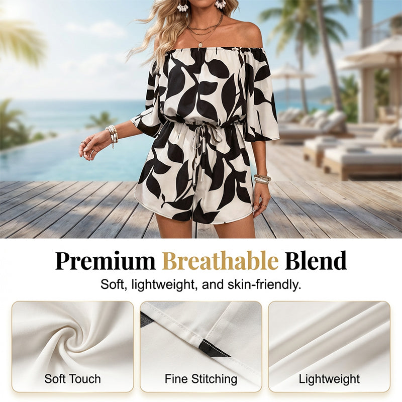 💃 Wochenangebot: 50% sparen! Französischer Off-Shoulder Shorts Jumpsuit – Abstraktes Blattmuster & Kordelzug – Perfekt für entspannte Sommertage