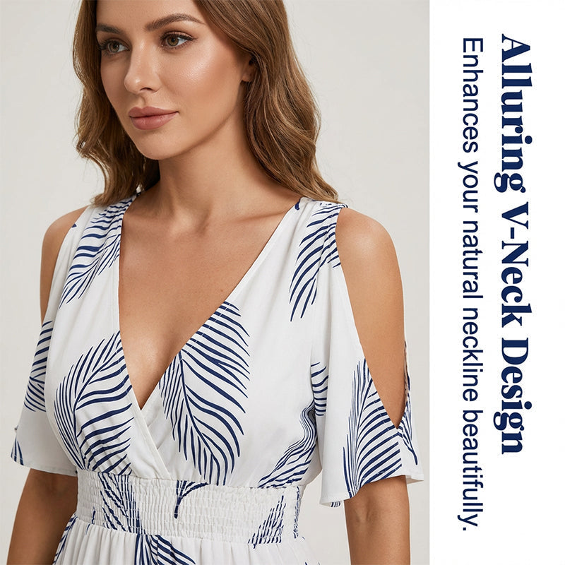 🌺 Neu eingetroffen! Tropisches Maxikleid | V-Ausschnitt + Cold-Shoulder + Gummizug-Taille – Leicht & atmungsaktiv ☀️👗