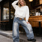 👖✨ 50% RABATT! Damen Jeans mit asymmetrischem Bund und weitem Bein – lässiger Oversize-Look mit Statement-Detail