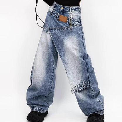 👖✨ 50% RABATT! Damen Jeans mit asymmetrischem Bund und weitem Bein – lässiger Oversize-Look mit Statement-Detail