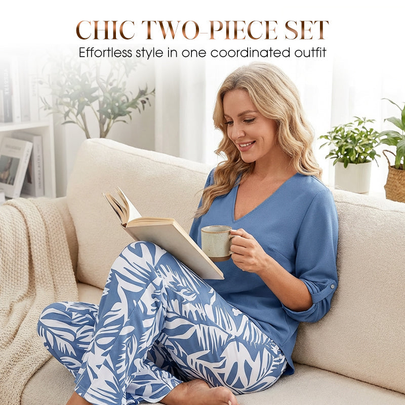 💥 HALBPREIS DEAL 👗 Damen Zweiteiler – elegante V-Neck Bluse + weite Print-Hose 🔥 Perfekt für Sommer & Alltag ☀️