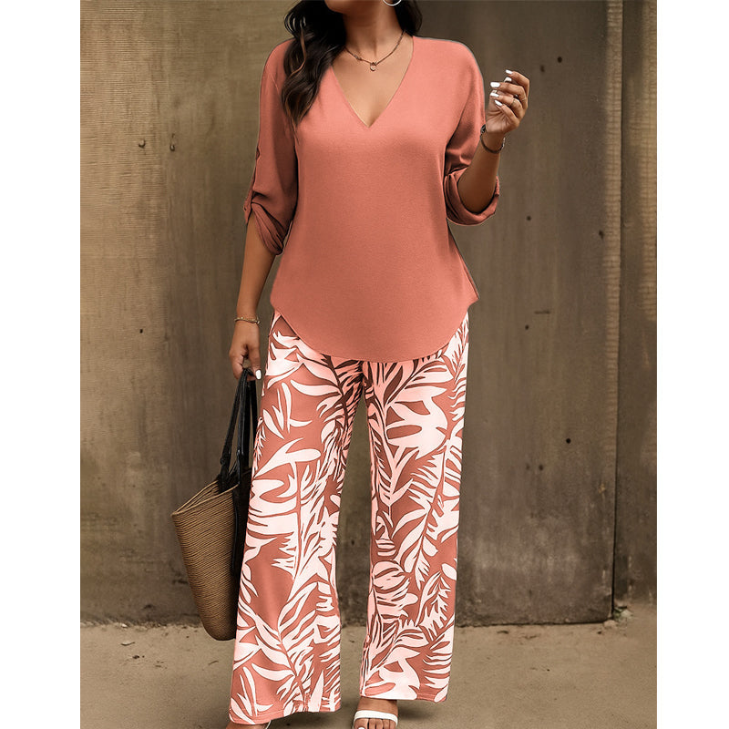 💥 HALBPREIS DEAL 👗 Damen Zweiteiler – elegante V-Neck Bluse + weite Print-Hose 🔥 Perfekt für Sommer & Alltag ☀️