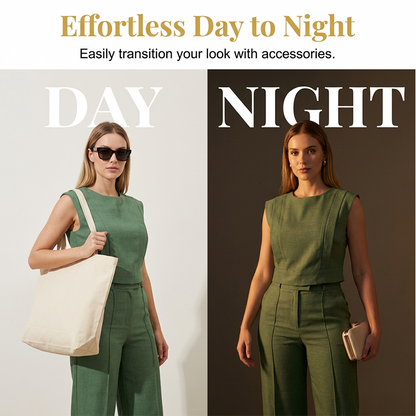 👕✨ 50% RABATT! Set aus schickem, ärmellosem Crop-Top und Hose mit hoher Taille – Figurbetont, feminin & perfekt für Sommer-Events 🌞