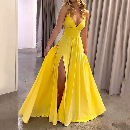 ✨V-Ausschnitt Maxikleid mit Spaghettiträgern und hohem Schlitz