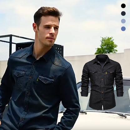 👔🎁 [Das ideale Geschenk für ihn] Bügelfreies Herren-Jeanshemd mit Langarm – Lässiger Denim-Look, perfekt für Alltag & Freizeit