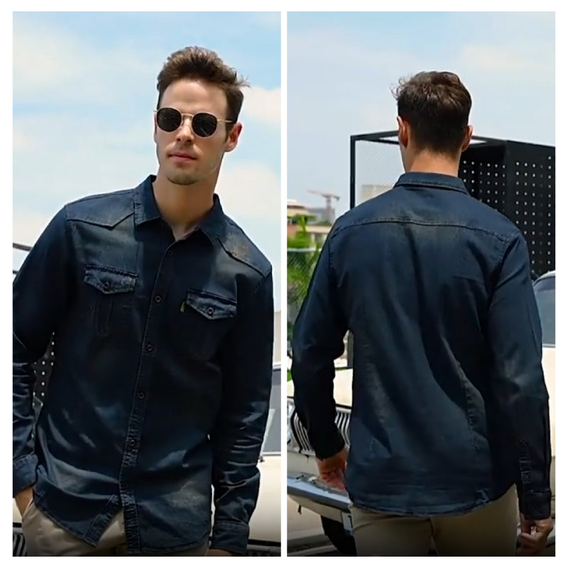 👔🎁 [Das ideale Geschenk für ihn] Bügelfreies Herren-Jeanshemd mit Langarm – Lässiger Denim-Look, perfekt für Alltag & Freizeit