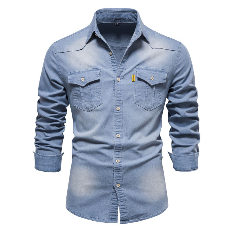 👔🎁 [Das ideale Geschenk für ihn] Bügelfreies Herren-Jeanshemd mit Langarm – Lässiger Denim-Look, perfekt für Alltag & Freizeit