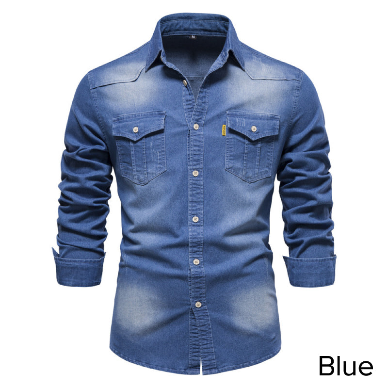👔🎁 [Das ideale Geschenk für ihn] Bügelfreies Herren-Jeanshemd mit Langarm – Lässiger Denim-Look, perfekt für Alltag & Freizeit