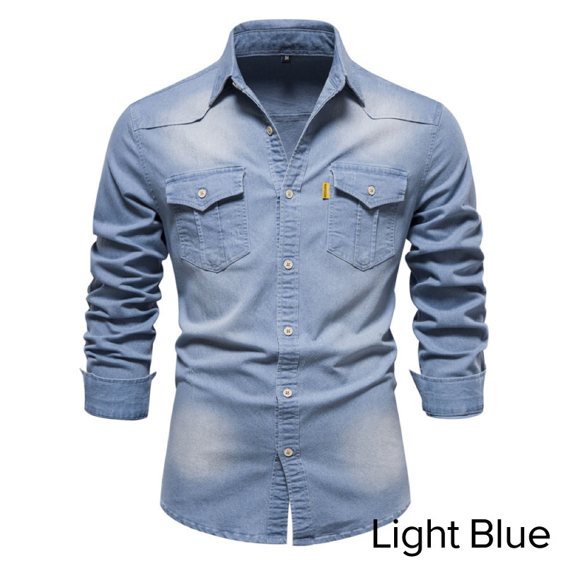 👔🎁 [Das ideale Geschenk für ihn] Bügelfreies Herren-Jeanshemd mit Langarm – Lässiger Denim-Look, perfekt für Alltag & Freizeit