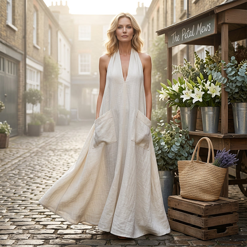 👗🌸 50% RABATT! Lässiges Midikleid mit Neckholder und V-Ausschnitt für Damen – Leicht, sommerlich & perfekt für besondere Anlässe ✨