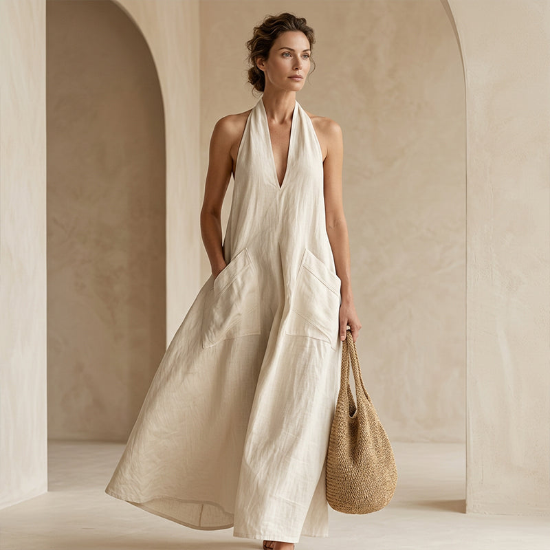 👗🌸 50% RABATT! Lässiges Midikleid mit Neckholder und V-Ausschnitt für Damen – Leicht, sommerlich & perfekt für besondere Anlässe ✨