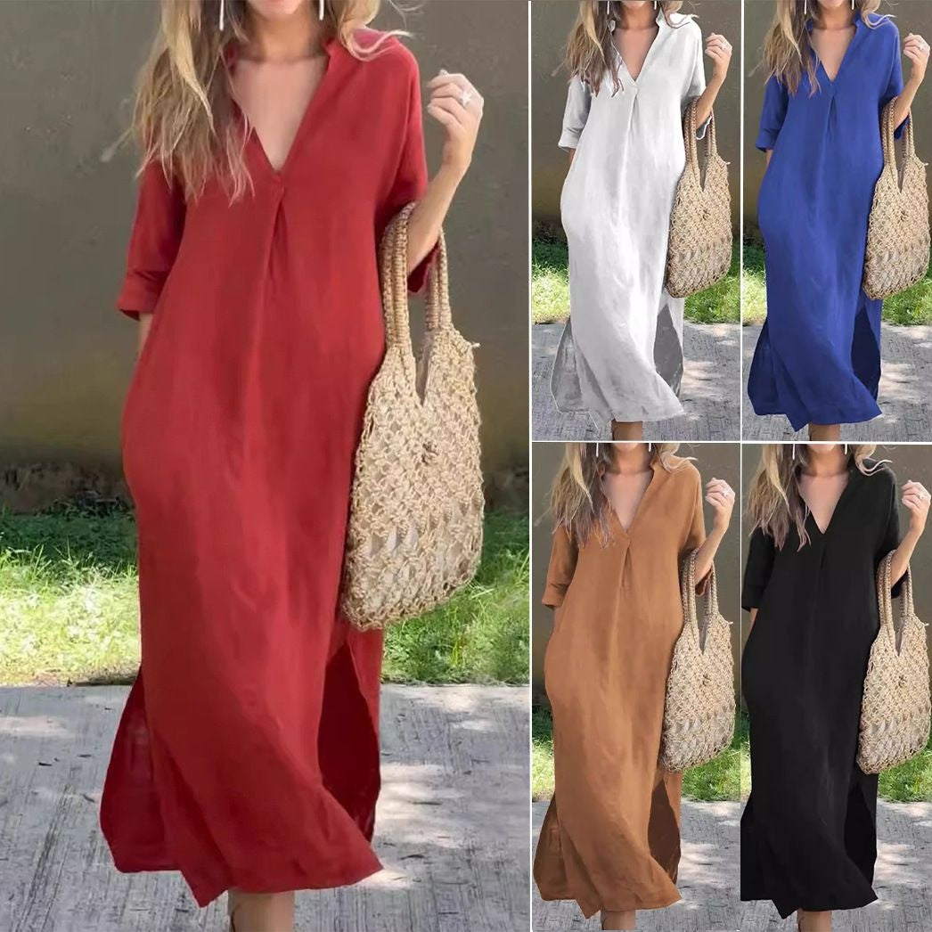 【🔥Bestseller 2026-Nur für kurze Zeit- 50 % Rabatt】✨Mode V-neck cotton and linen slim dress-😍Zeige deine perfekte Figur